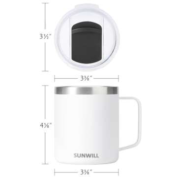 SUNWILL Insulated Coffee Mug with Lid, Travel Tumbler with Handle, 14 oz Stainless Steel Cup for Camping, Office, Home, Powder Coated White