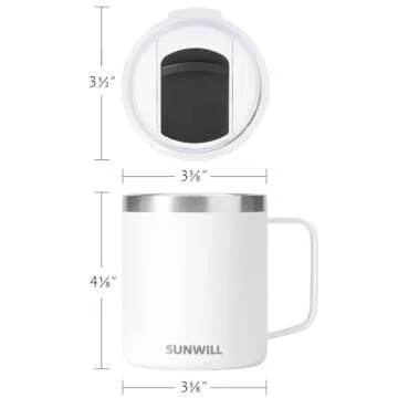 SUNWILL Insulated Coffee Mug with Lid, Travel Tumbler with Handle, 14 oz Stainless Steel Cup for Camping, Office, Home, Powder Coated White