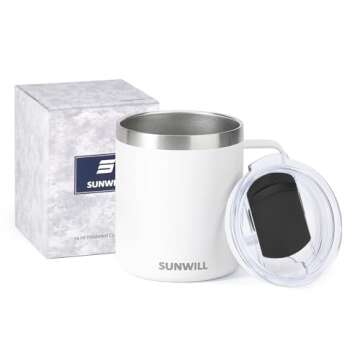 SUNWILL Insulated Coffee Mug with Lid, Travel Tumbler with Handle, 14 oz Stainless Steel Cup for Camping, Office, Home, Powder Coated White