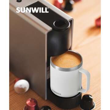 SUNWILL Insulated Coffee Mug with Lid, Travel Tumbler with Handle, 14 oz Stainless Steel Cup for Camping, Office, Home, Powder Coated White