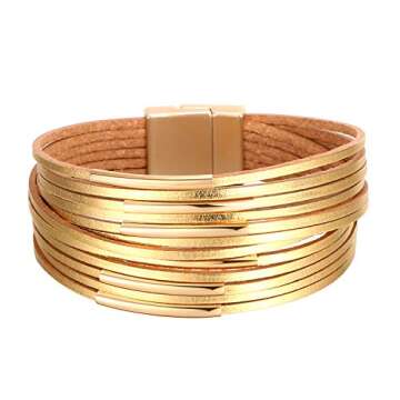 Fesciory Leather Wrap Bracelets for Women, Boho Leopard Multi-Layer Crystal Beads Cuff Bracelet Jewelry (Short gold)