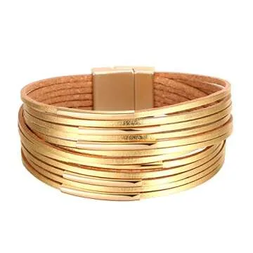 Fesciory Leather Wrap Bracelets for Women, Boho Leopard Multi-Layer Crystal Beads Cuff Bracelet Jewelry (Short gold)