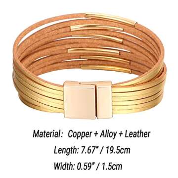 Fesciory Leather Wrap Bracelets for Women, Boho Leopard Multi-Layer Crystal Beads Cuff Bracelet Jewelry (Short gold)