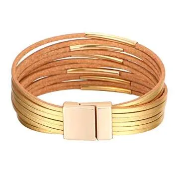 Fesciory Leather Wrap Bracelets for Women, Boho Leopard Multi-Layer Crystal Beads Cuff Bracelet Jewelry (Short gold)