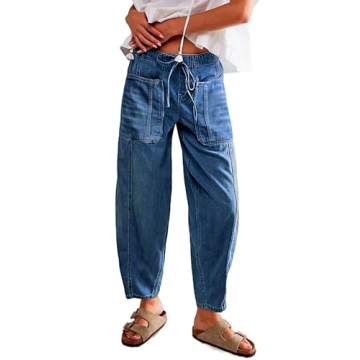 Women's Wide Leg Baggy Jeans Elastic Low Rise Barrel Jean Loose Boyfriend Denim Pants with Drawstring Deep Blue