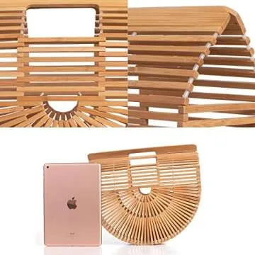 RULER TRUTH Women's Bamboo Handbag by Handmade Straw Bag,Tote Bamboo Purse Natural Basket Bag for Summer Beach (Original, L)