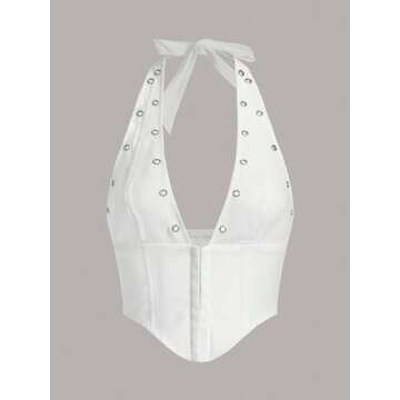 WDIRARA Women's Y2K Halter Top Deep V Backless Asymmetrical Hem Cami Crop Tops White XS