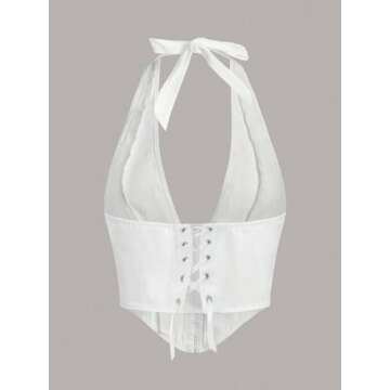 WDIRARA Women's Y2K Halter Top Deep V Backless Asymmetrical Hem Cami Crop Tops White XS