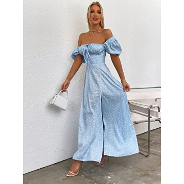 Stylish Summer Maxi Dress with Puff Sleeves - SkyBlue