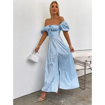 Stylish Summer Maxi Dress with Puff Sleeves - SkyBlue