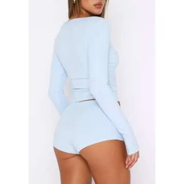 REVETRO 2024 Fall Womens Pajama Sets Sexy PJ Shorts Y2K Long Sleeve Lounge Set Sleepwear with Button Down Blue S