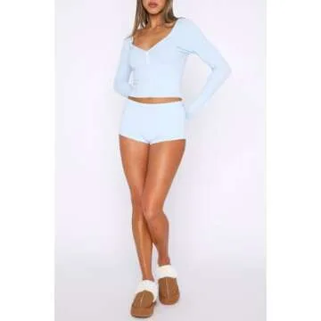 REVETRO 2024 Fall Womens Pajama Sets Sexy PJ Shorts Y2K Long Sleeve Lounge Set Sleepwear with Button Down Blue S