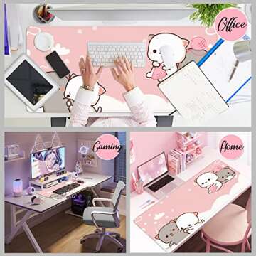 Pink Mouse Pad Cat XXL Kawaii Gaming Mouse Pad Animal Theme 35x15.7x0.12 inch Gift for Women,Pink Desk Accessories with Personalized Design for Laptop, Computer PC (Pink Cat -2)