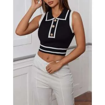 Verdusa Women's Button Front Striped Collar Sleeveless Sweater Vest Knit Top