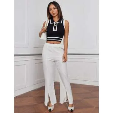 Verdusa Women's Button Front Striped Collar Sleeveless Sweater Vest Knit Top