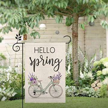 CROWNED BEAUTY Hello Spring Floral Bike Garden Flag 12×18 Inch Small Vertical Double Sided Seasonal Outside Décor for Yard Farmhouse CF100-12