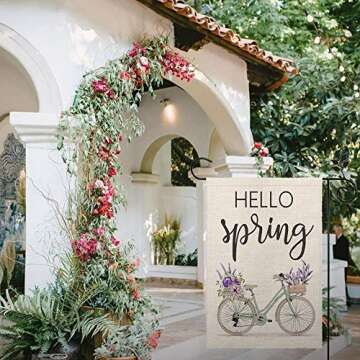 CROWNED BEAUTY Hello Spring Floral Bike Garden Flag 12×18 Inch Small Vertical Double Sided Seasonal Outside Décor for Yard Farmhouse CF100-12
