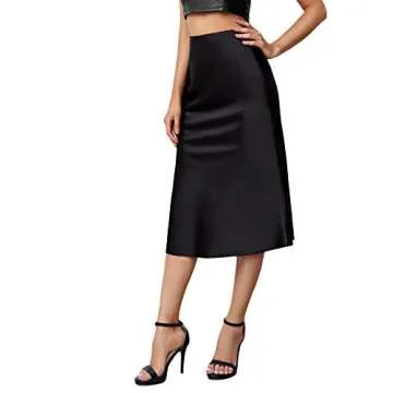 Verdusa Women's Elegant High Waist Satin A Line Flared Midi Skirt Black M