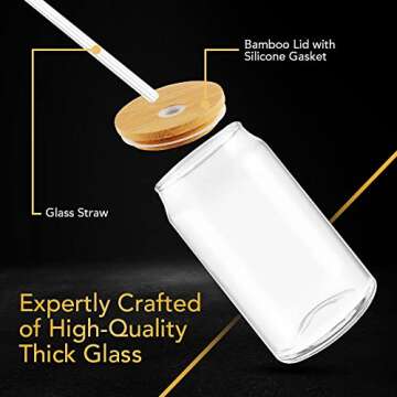 Drinking Glasses Beer Can Glass with Bamboo Lids and Glass Straws, 2 Pack 16 oz Glass Tumbler Can Shaped Glass Cups with Lids and Straws, Iced Coffee Cup, Beer Glasses, Ideal for Water, Soda, Tea,