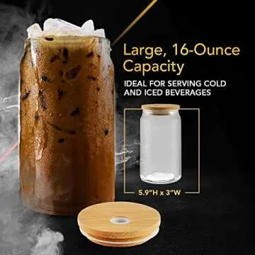 Drinking Glasses Beer Can Glass with Bamboo Lids and Glass Straws, 2 Pack 16 oz Glass Tumbler Can Shaped Glass Cups with Lids and Straws, Iced Coffee Cup, Beer Glasses, Ideal for Water, Soda, Tea,