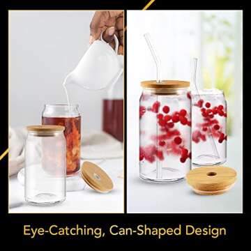 Drinking Glasses Beer Can Glass with Bamboo Lids and Glass Straws, 2 Pack 16 oz Glass Tumbler Can Shaped Glass Cups with Lids and Straws, Iced Coffee Cup, Beer Glasses, Ideal for Water, Soda, Tea,