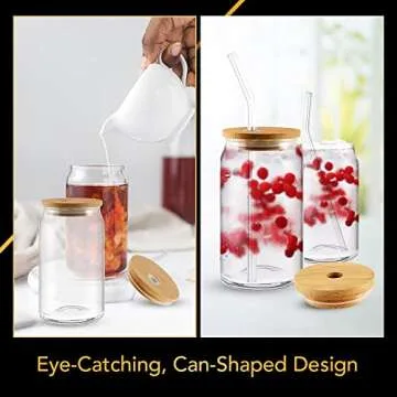 Drinking Glasses Beer Can Glass with Bamboo Lids and Glass Straws, 2 Pack 16 oz Glass Tumbler Can Shaped Glass Cups with Lids and Straws, Iced Coffee Cup, Beer Glasses, Ideal for Water, Soda, Tea,