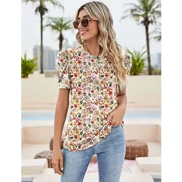 Ivicoer Floral Tops for Women Casual Spring Boho Shirt Loose Casual Puff Short Sleeve Bohemian Spring Tops Blouses for Women 2025 S