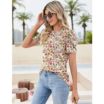 Ivicoer Floral Tops for Women Casual Spring Boho Shirt Loose Casual Puff Short Sleeve Bohemian Spring Tops Blouses for Women 2025 S