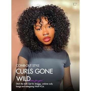 LUVME HAIR Short Curly Wig with Bangs Human Hair Glueless Shaggy Wolf Cut Afro Curly Human Hair Wigs...