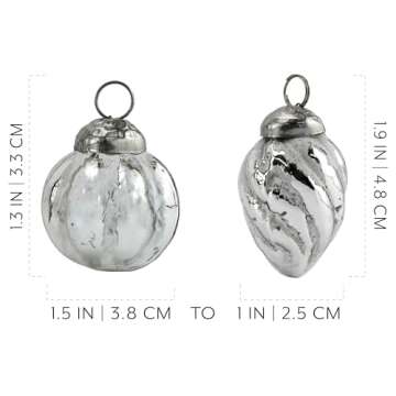 AuldHome Mercury Glass Finial Ornaments (Set of 12, Silver White, Small); Distressed Metal Antique Style Christmas Tree Decorations; 1.3 to 2-Inch Size