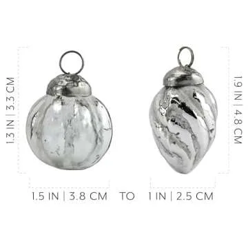 AuldHome Mercury Glass Finial Ornaments (Set of 12, Silver White, Small); Distressed Metal Antique Style Christmas Tree Decorations; 1.3 to 2-Inch Size
