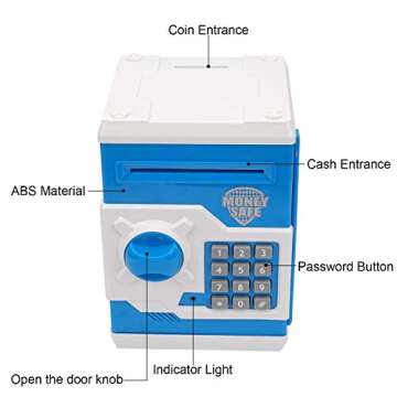 Adevena Electronic Piggy Bank, Mini ATM Password Money Bank Cash Coins Saving Box for Kids, Cartoon Safe Bank Box Perfect Toy Gifts for Boys Girls (Blue)