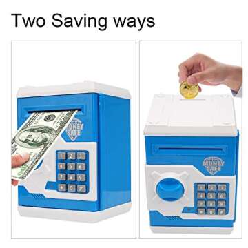 Adevena Electronic Piggy Bank, Mini ATM Password Money Bank Cash Coins Saving Box for Kids, Cartoon Safe Bank Box Perfect Toy Gifts for Boys Girls (Blue)