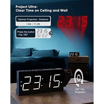 Projection Alarm Clock on Ceiling,Digital Clock for Bedroom with Battery Backup,7”Large Display,USB Charger,Dimmer,180° Rotatable Projector,12/24H,Snooze,DST,Loud Alarm Clock for Kids,Adults,Elders