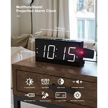 Projection Alarm Clock on Ceiling,Digital Clock for Bedroom with Battery Backup,7”Large Display,USB Charger,Dimmer,180° Rotatable Projector,12/24H,Snooze,DST,Loud Alarm Clock for Kids,Adults,Elders