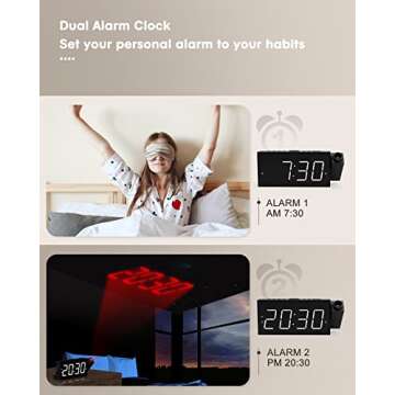 Projection Alarm Clock on Ceiling,Digital Clock for Bedroom with Battery Backup,7”Large Display,USB Charger,Dimmer,180° Rotatable Projector,12/24H,Snooze,DST,Loud Alarm Clock for Kids,Adults,Elders