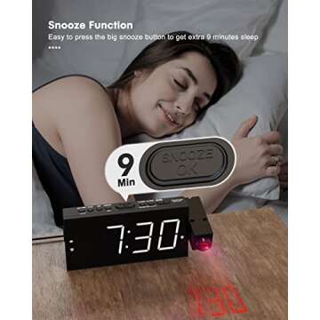 Projection Alarm Clock on Ceiling,Digital Clock for Bedroom with Battery Backup,7”Large Display,USB Charger,Dimmer,180° Rotatable Projector,12/24H,Snooze,DST,Loud Alarm Clock for Kids,Adults,Elders