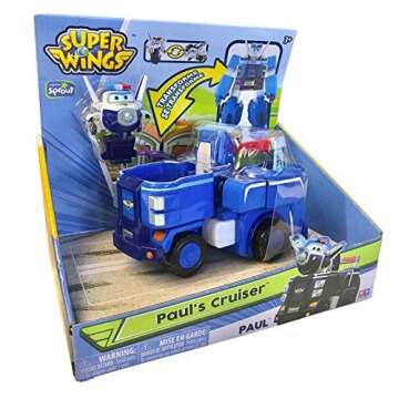 Super Wings 7" Paul's Police Cruiser with 2" Transform-a-Bot Paul Mini Figure, Transforming Airplane Toys Vehicle Set, Fun Preschool Toy Plane for 3 4 5 Year Old Boys and Girls, Birthday Gift