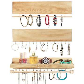 Jewelry Organizer 3 Pack, POZEAN Necklace Holder Hanging Jewelry Organizer, Wooden Earring Holder Organizer with Removable Bracelet Holder and Hooks, Perfect for Holding Necklaces, Bracelets, Earrings Other Accessories