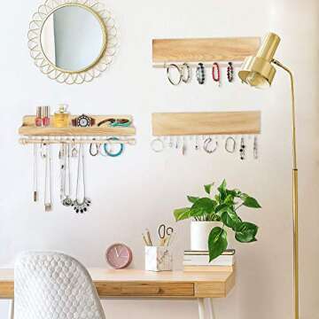 Jewelry Organizer 3 Pack, POZEAN Necklace Holder Hanging Jewelry Organizer, Wooden Earring Holder Organizer with Removable Bracelet Holder and Hooks, Perfect for Holding Necklaces, Bracelets, Earrings Other Accessories