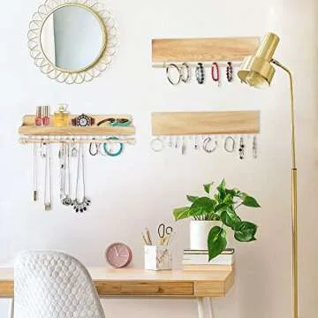 Jewelry Organizer 3 Pack, POZEAN Necklace Holder Hanging Jewelry Organizer, Wooden Earring Holder Organizer with Removable Bracelet Holder and Hooks, Perfect for Holding Necklaces, Bracelets, Earrings Other Accessories