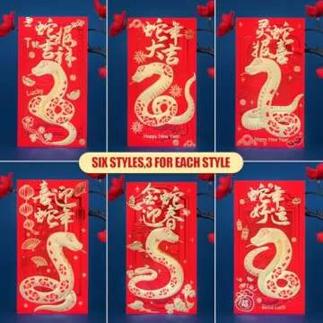 Hotanry Chinese New Year Red Envelopes Snake 2025, Lunar New Year of the Snake Envelope, Chinese New Year Decorations 2025 Lunar New Years Gifts with 6 Different Gold Patterns (18 Pcs 6.69 * 3.54in)