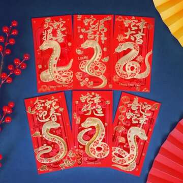 Hotanry Chinese New Year Red Envelopes Snake 2025, Lunar New Year of the Snake Envelope, Chinese New Year Decorations 2025 Lunar New Years Gifts with 6 Different Gold Patterns (18 Pcs 6.69 * 3.54in)