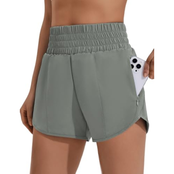 PINSPARK Women Athletic Shorts - Quick Dry High Waisted Running Shorts with Zipper Pockets