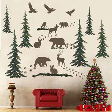 62 Pieces Forest Wall Decal Wild Animal Nursery Wall Decals Woodland Vinyl Wall Decals Forest Wallpaper Pine Tree Forest Decor Forest Animal Bear Deer Wall Sticker for Christmas Kids DIY Bedroom