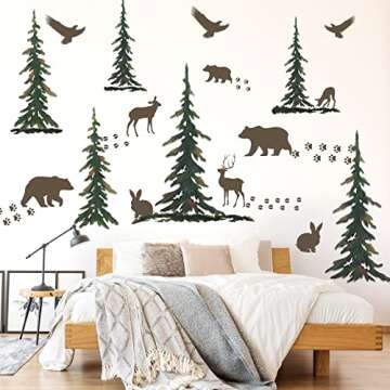 62 Pieces Forest Wall Decal Wild Animal Nursery Wall Decals Woodland Vinyl Wall Decals Forest Wallpaper Pine Tree Forest Decor Forest Animal Bear Deer Wall Sticker for Christmas Kids DIY Bedroom