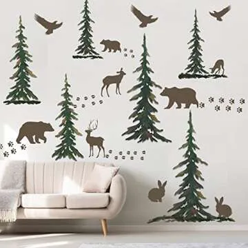 62 Pieces Forest Wall Decal Wild Animal Nursery Wall Decals Woodland Vinyl Wall Decals Forest Wallpaper Pine Tree Forest Decor Forest Animal Bear Deer Wall Sticker for Christmas Kids DIY Bedroom