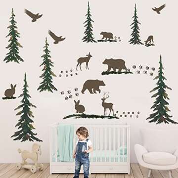 62 Pieces Forest Wall Decal Wild Animal Nursery Wall Decals Woodland Vinyl Wall Decals Forest Wallpaper Pine Tree Forest Decor Forest Animal Bear Deer Wall Sticker for Christmas Kids DIY Bedroom