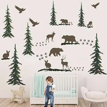 62 Pieces Forest Wall Decal Wild Animal Nursery Wall Decals Woodland Vinyl Wall Decals Forest Wallpaper Pine Tree Forest Decor Forest Animal Bear Deer Wall Sticker for Christmas Kids DIY Bedroom