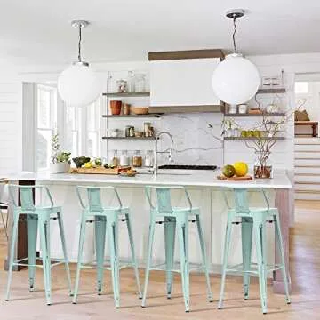 Metal Bar Stools Set of 4 in Distressed Blue-Green